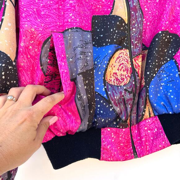 Vintage Picasso Art Bomber Jacket Bright Pink Sequins 1980s Festival Large - Picture 5 of 7